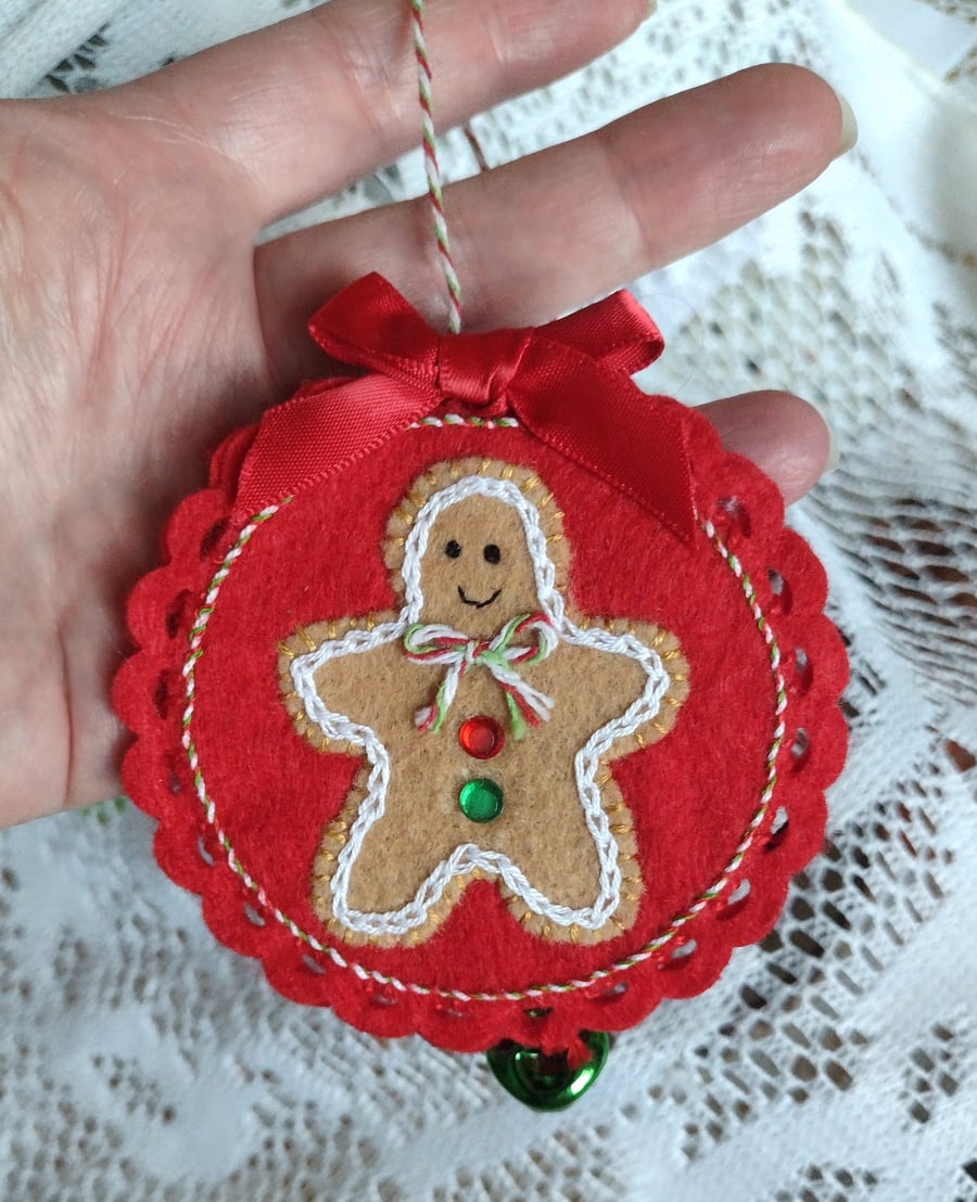 Gingerbread Man Felt Plaque Ornament with Jingle Bell - Tree Decoration 