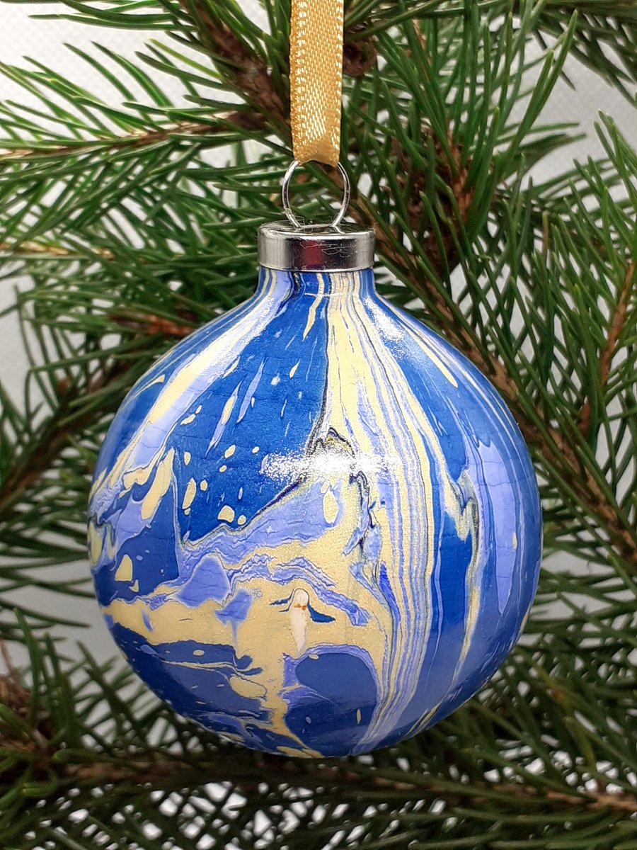 Christmas bauble blue and gold marbled ceramic round decoration ooak
