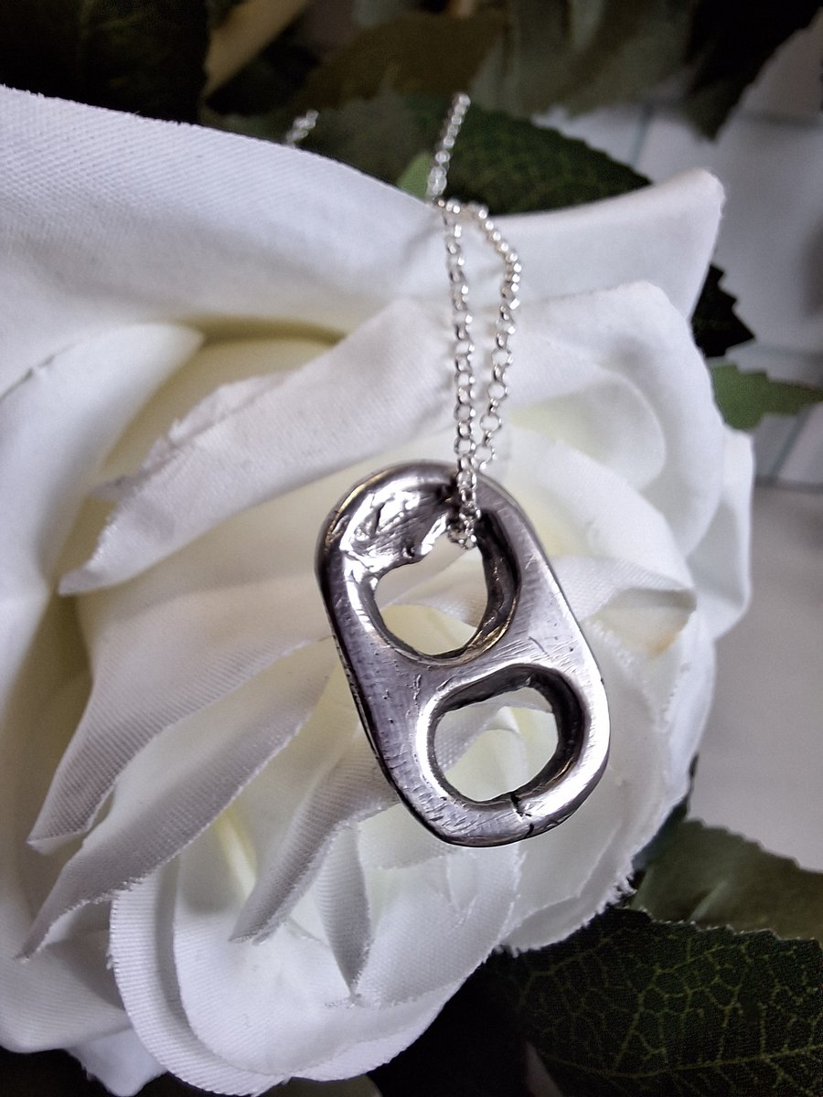 Fine Silver Oxidised Ring-Pull Pendant, drinks can, sterling chain
