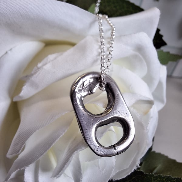 Fine Silver Oxidised Ring-Pull Pendant, drinks can, sterling chain