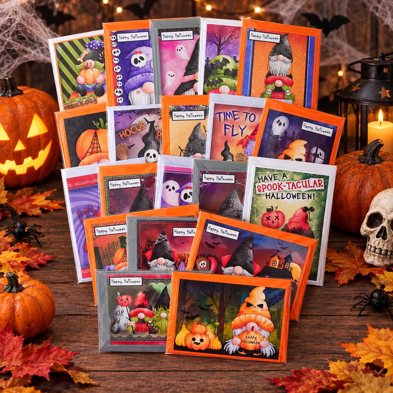 Handmade Halloween Cards - 20 Halloween Gnomes Themed Bundle Set of Cards