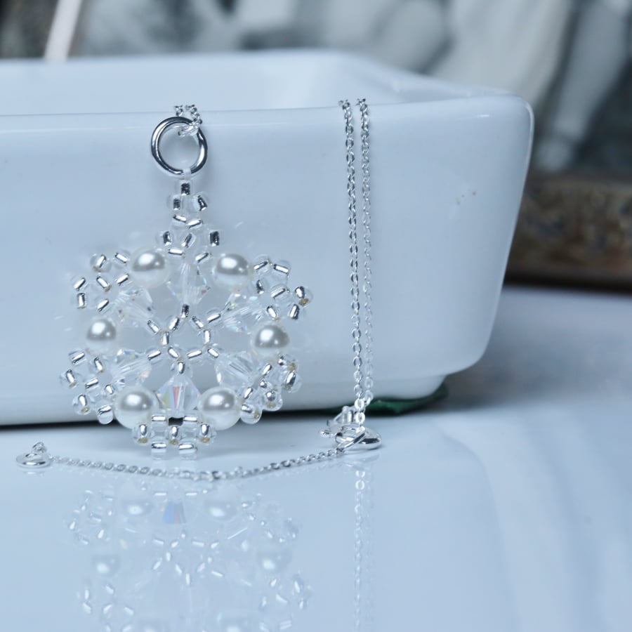 Crystal and Pearl Snowflake Pendant 