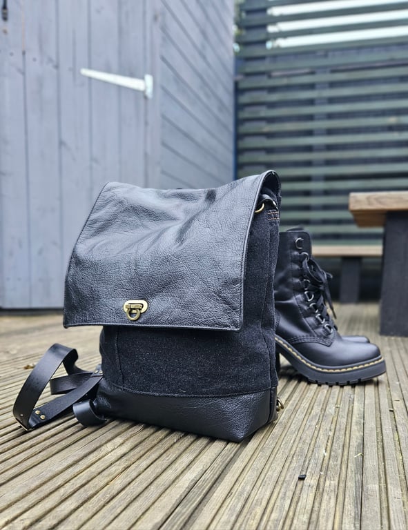 Upcycled Denim and Leather Backpack Convertible – One of a Kind