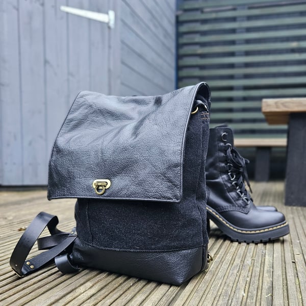 Upcycled Denim and Leather Backpack Convertible – One of a Kind