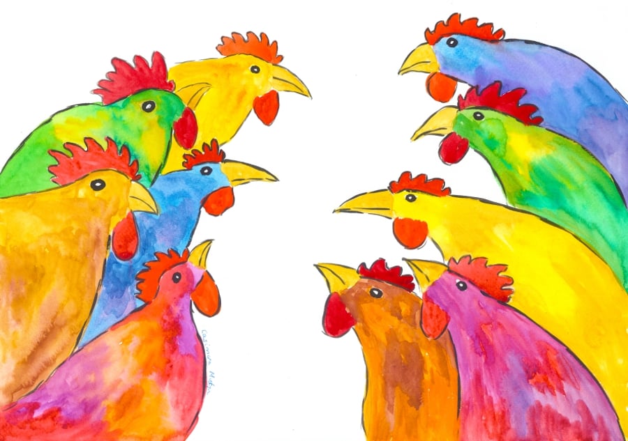 Colourful Hens Greeting card 5" x 7" The Gossipers"!