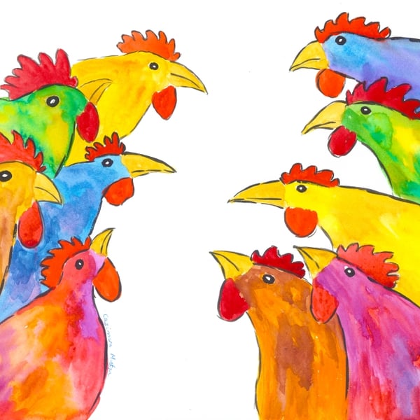 Colourful Hens Greeting card 5" x 7" The Gossipers"!