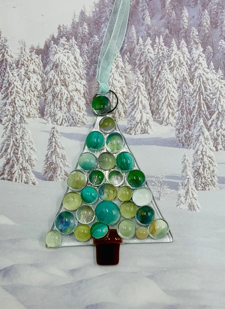 Handmade Fused Glass Xmas Tree Hanging Christmas Decoration 