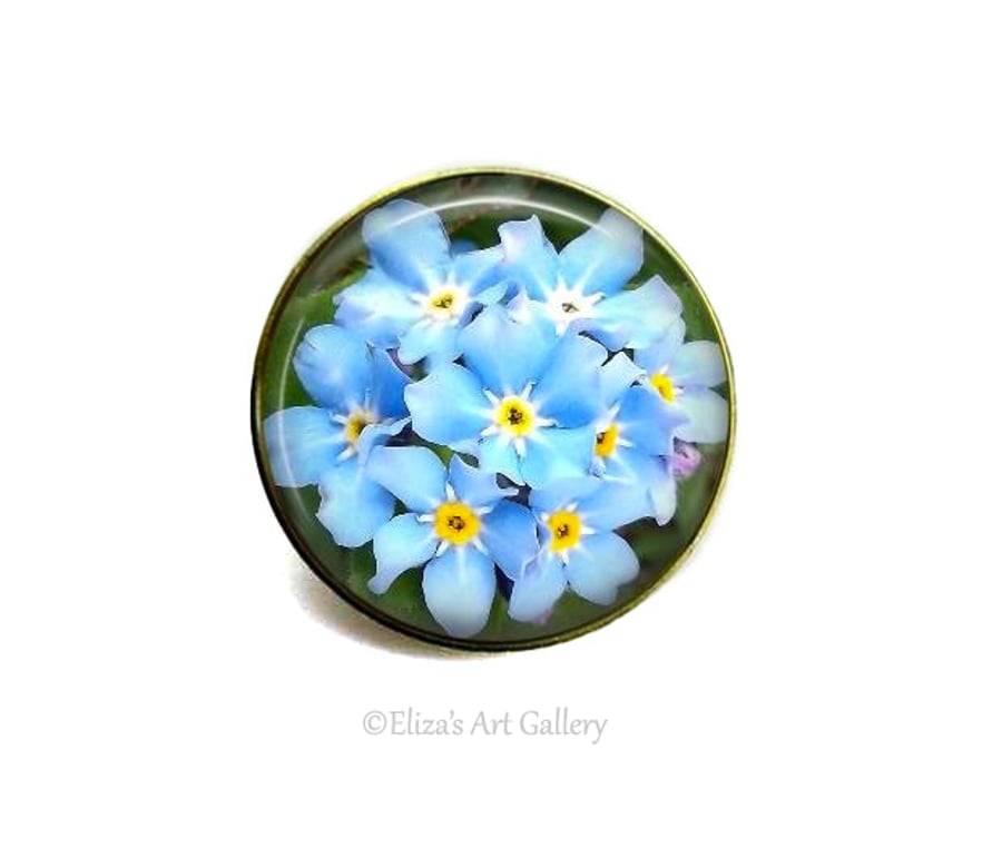 Gold Tone Forget Me Not Flower Photo Brooch