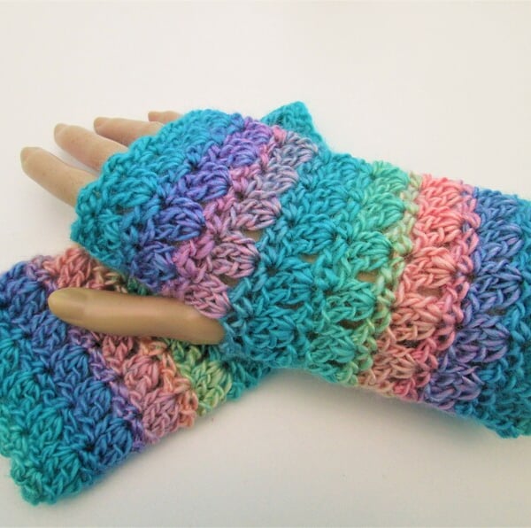 Blue pastel rainbow crochet fingerless gloves for an adult