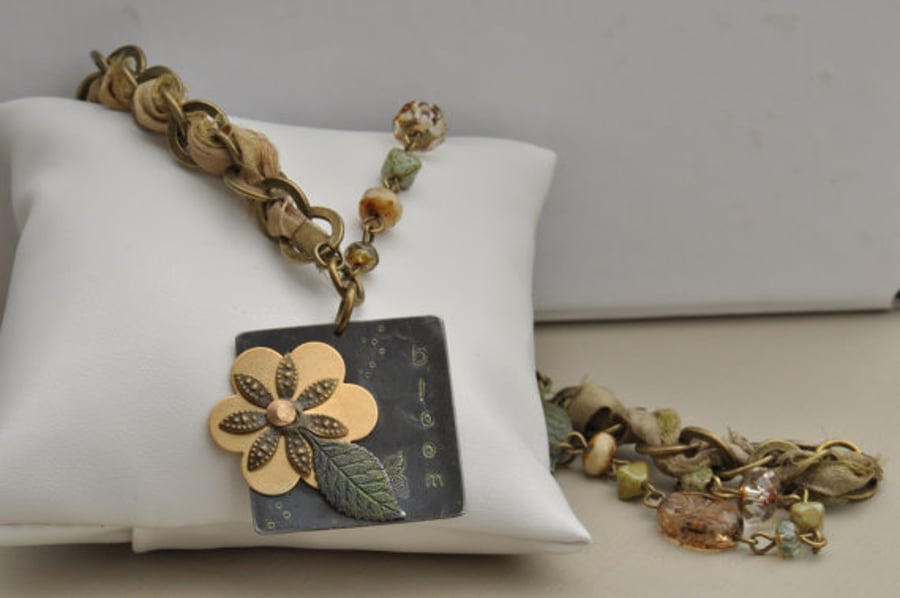 Bloom Vintaj Hand Stamped Riveted Pendant with Sari Silk Ribbon & Beads
