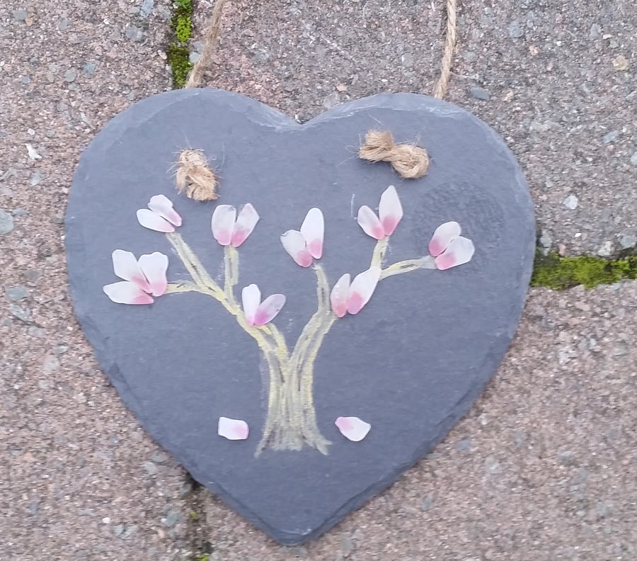 Magnolia Tree on a Slate Heart, Sea Glass Art