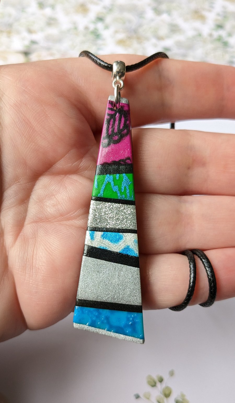 Multi Coloured Trapezoid Patchwork Necklace Pendant, Polymer Clay