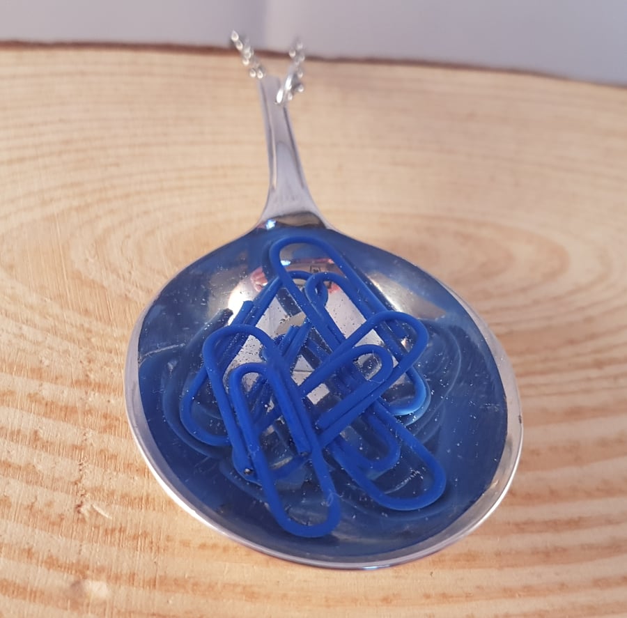 Upcycled Silver Plated Soup Spoon Necklace with Paperclips in Resin SPN071706