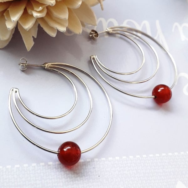 Carnelian Triple Hoop Earrings Sterling Silver 925