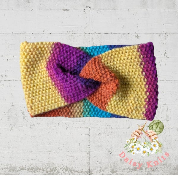 Hand Knitted Ear Warmer in Bright Multi Coloured Yarn