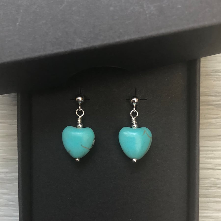 Turquoise heart drop post earrings. Sterling silver 