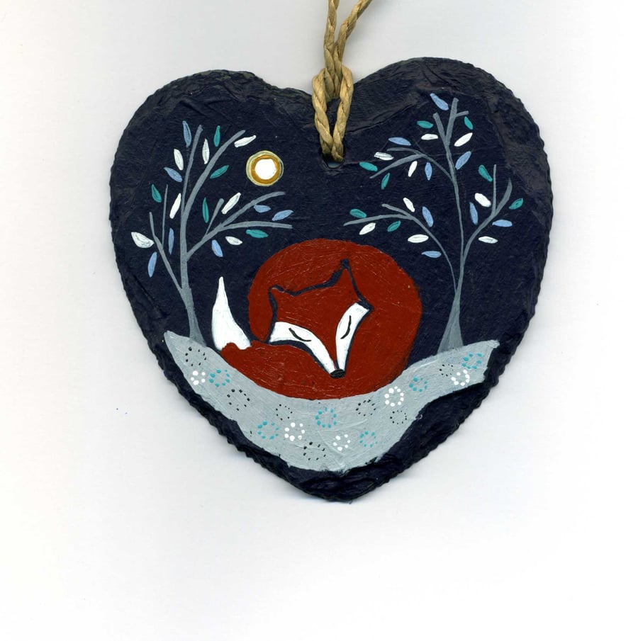 Slate Hanging Heart..Original painting of a landscape with sleeping fox