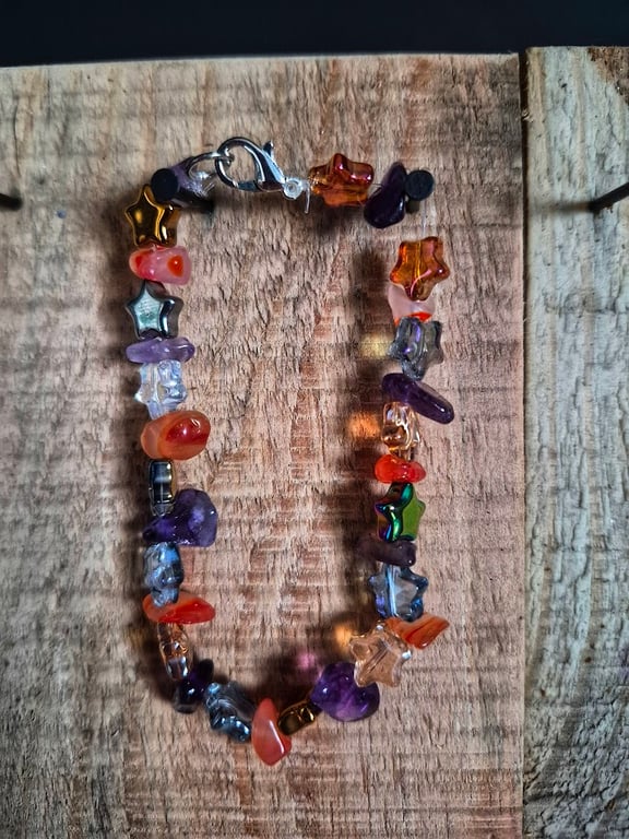 Handmade Mixed Stone Chip Bracelet – Boho Crystal Beads with Lobster Clasp