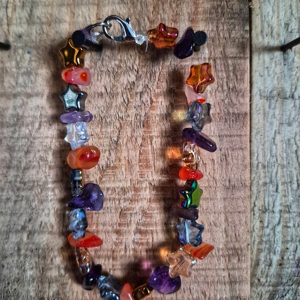 Handmade Mixed Stone Chip Bracelet – Boho Crystal Beads with Lobster Clasp