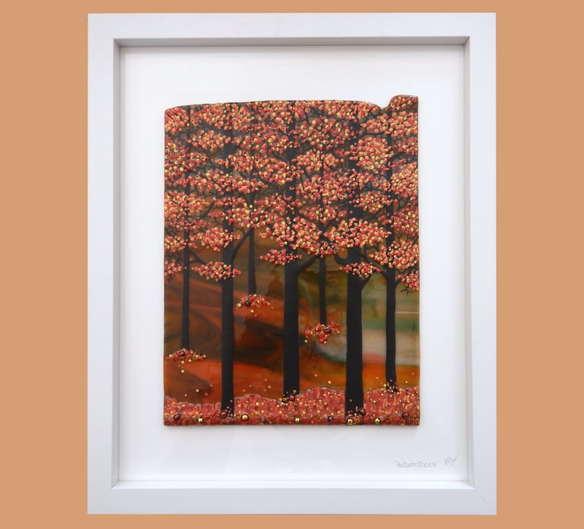 HANDMADE FUSED GLASS 'AUTUMN TREES' PICTURE.