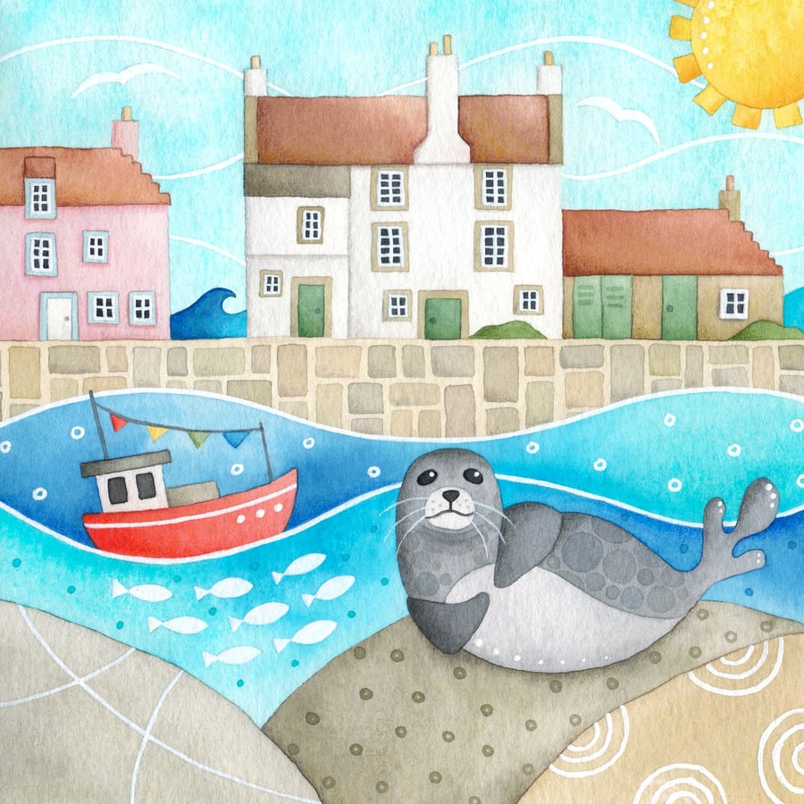 Seal at Pittenweem Harbour - Seaside Watercolour Painting - Coastal Art Print