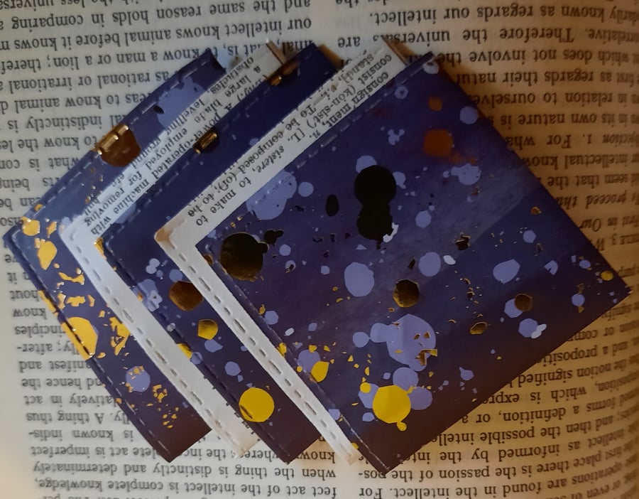 Set of Five Hand-Folded Corner Bookmarks – Purple, Gold & Upcycled Book Pages