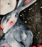 Mounted Original Hare Rabbit under the Moon with Mushrooms Watercolour  - Image 2