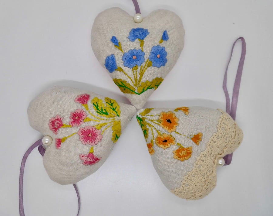 SOLD CLEARANCE Three Heart decorations lavender scented embroidered flowers