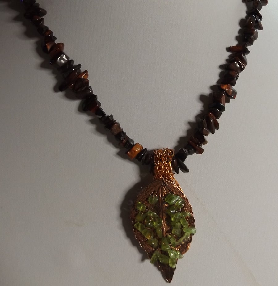 Red tiger's eye and copper leaf peridot necklace