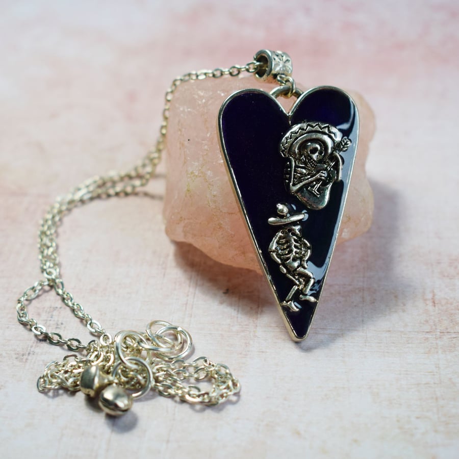 Day of the Dead Dancing Skeletons Heart Necklace