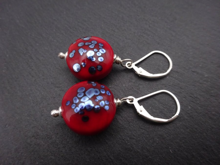 lampwork glass red earrings, sterling silver jewellery