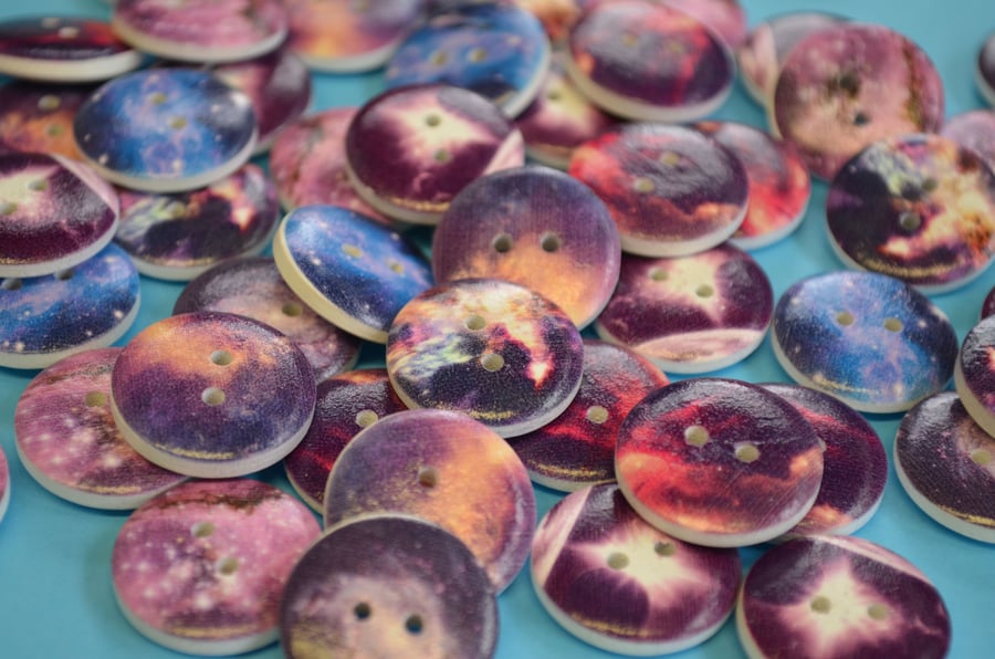 20mm Wooden Space Buttons Mixed 6pk Stars Galaxy Planets Nebula (SP1)