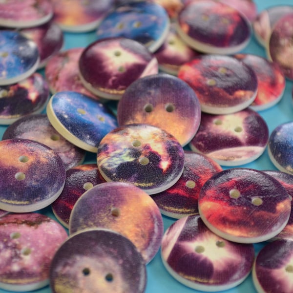 20mm Wooden Space Buttons Mixed 6pk Stars Galaxy Planets Nebula (SP1)