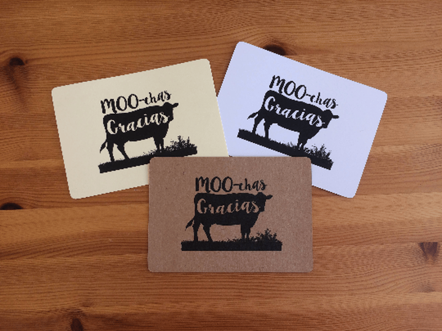 Pack of 10 "MOO-chas Gracias" Thank you notecards & envelopes