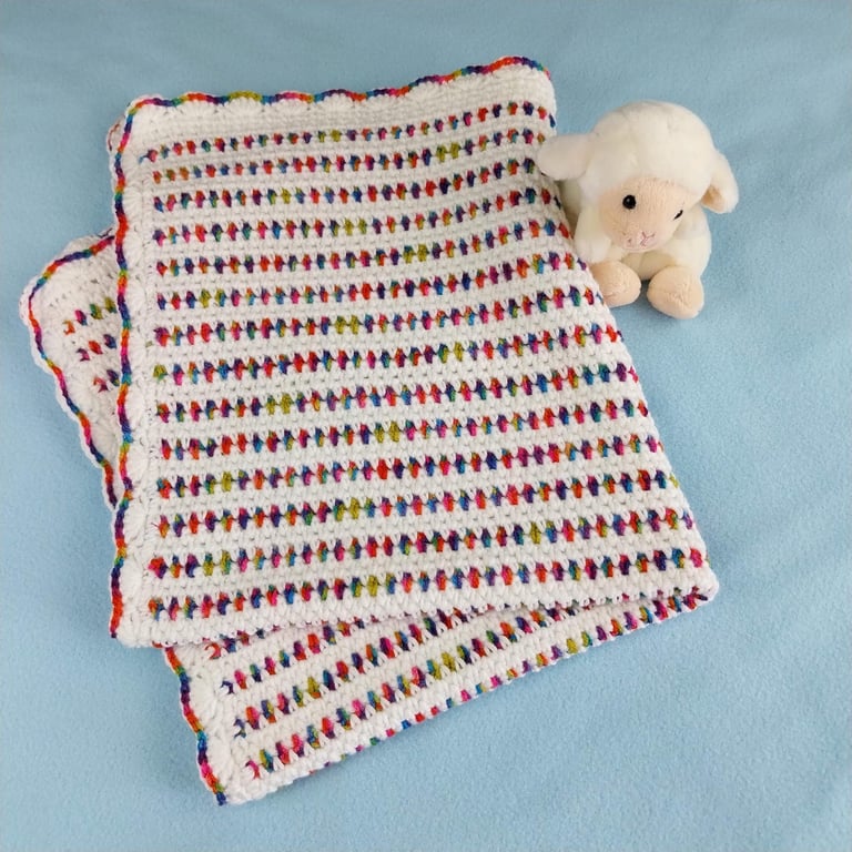 Colourful Crochet Baby Blanket, White Car Seat Blanket, Newborn Gift