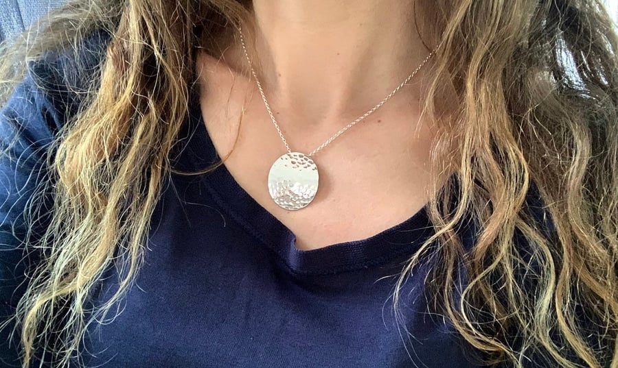 Large Silver Disc Necklace - Hammered Sterling Silver - Sparkly Dimples 