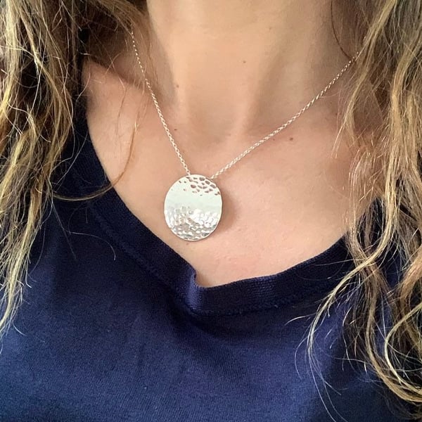 Large Silver Disc Necklace - Hammered Sterling Silver - Sparkly Dimples 