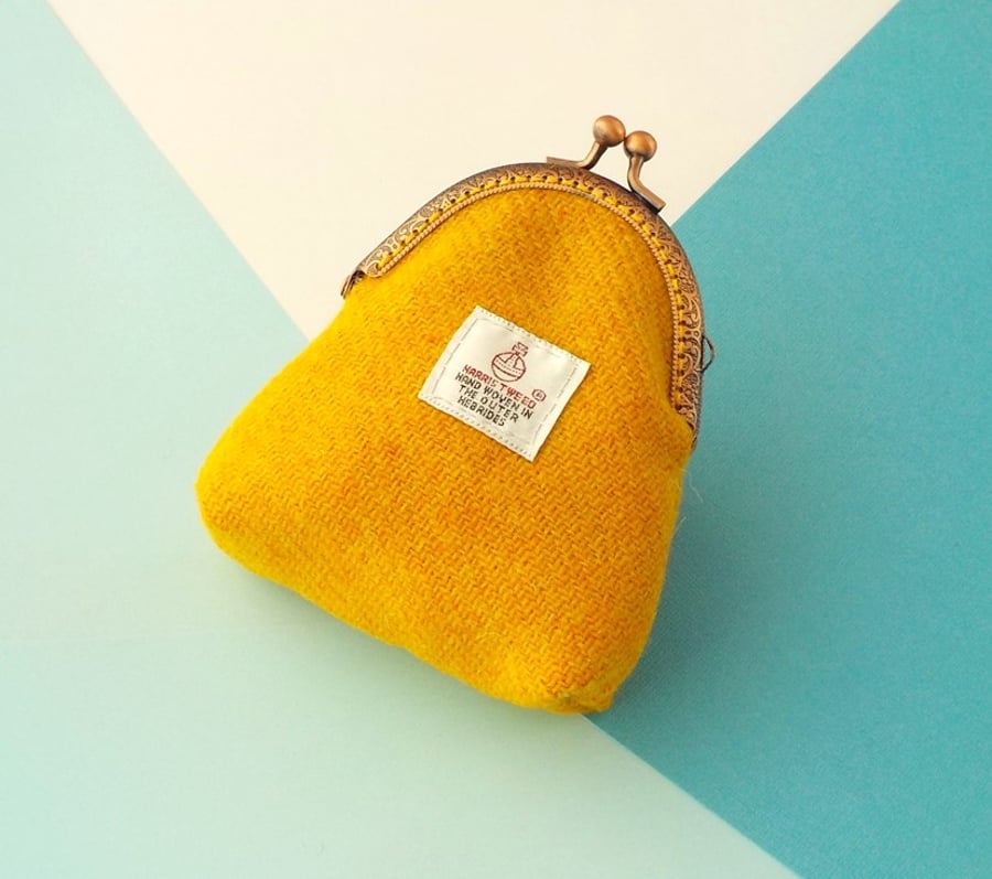 Harris tweed kiss clasp purse yellow orange coin purse gift for Mum Mother's Day