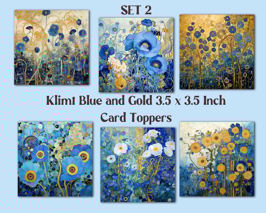 Klimt Blue Gold Square Card Toppers for Card Making, Tags, Journals, Scrapbooks