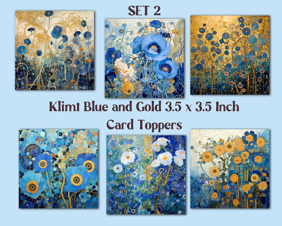 Klimt Blue Gold Set of 6 Square Card Toppers for Card Making, Tags