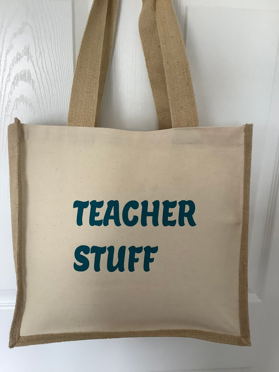 Teacher stuff QualityJute & cotton tote with double bottle holder inside