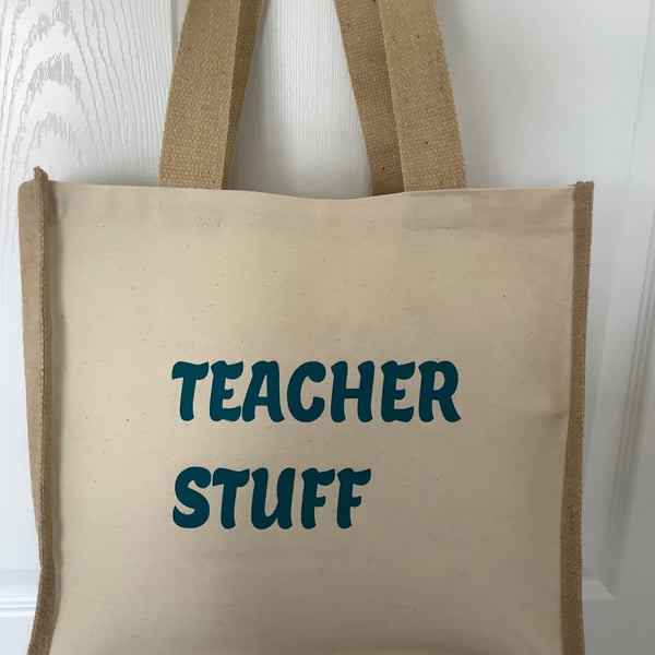 Teacher stuff QualityJute & cotton tote with double bottle holder inside