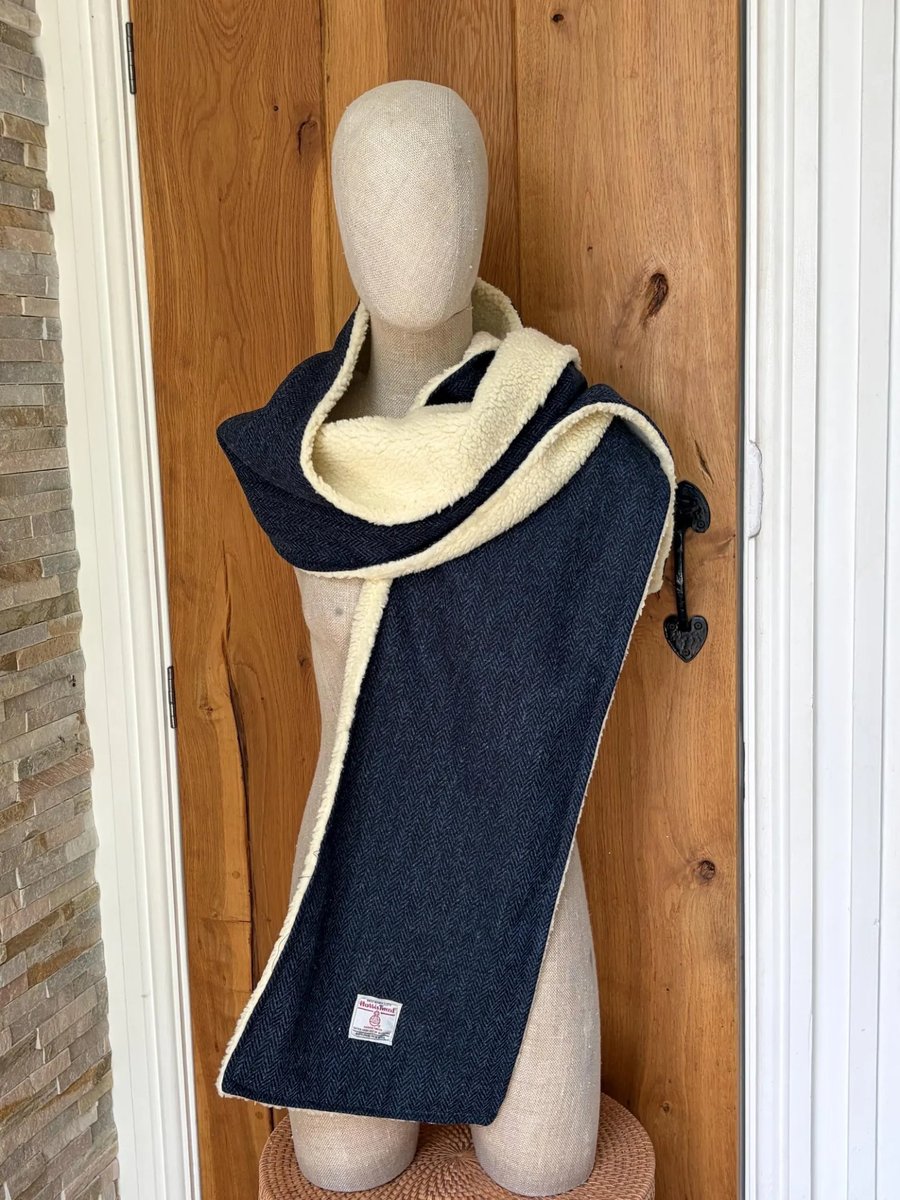 Harris Tweed Scarf  Blue Black Herringbone Fleeced Lined 