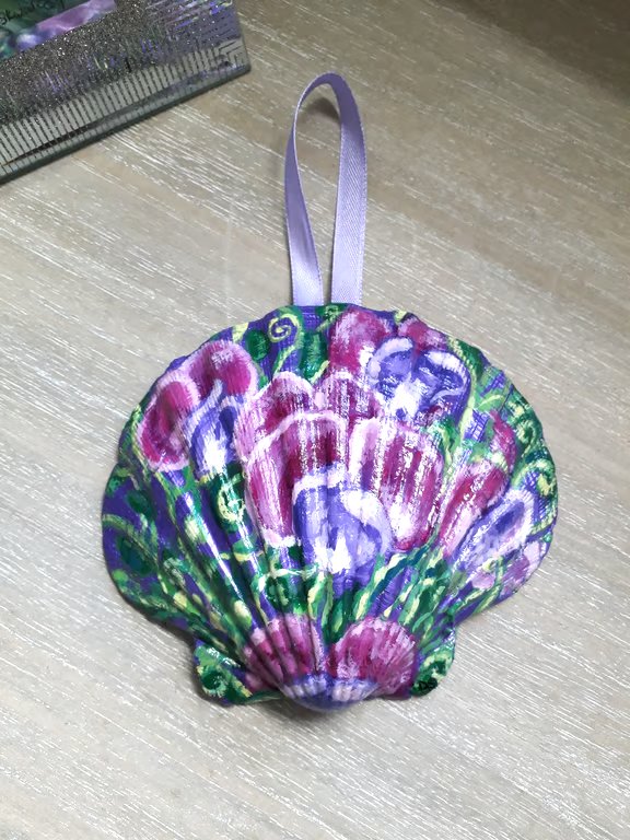 Pink and purple sweet peas handpainted shell wall art
