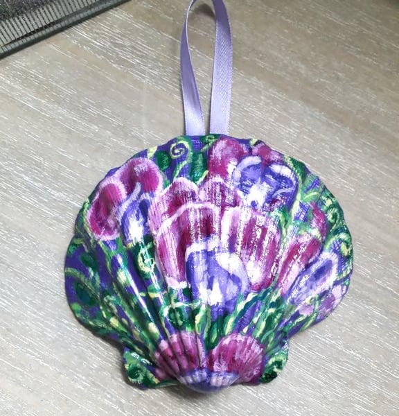 Pink and purple sweet peas handpainted shell wall art
