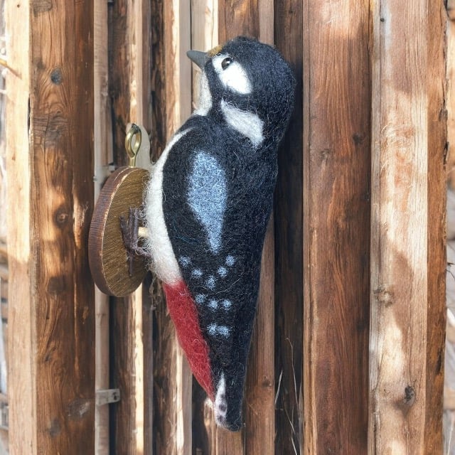 Needle felted mini woodpecker sculpture, textile art