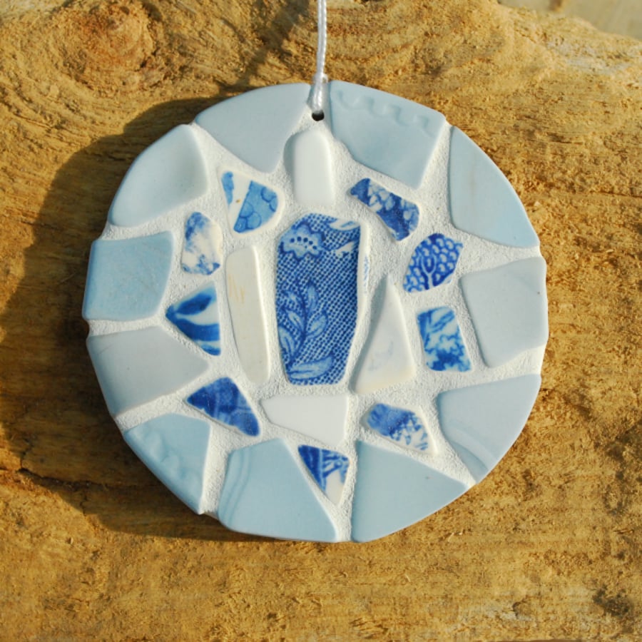 Beach pottery hanger with blue flower