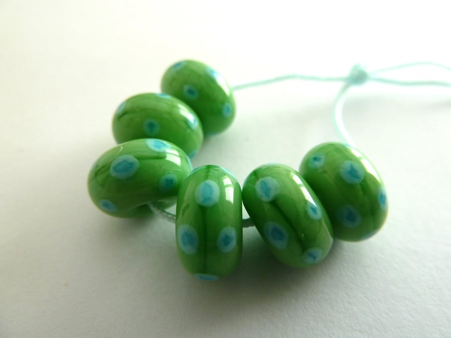 green and blue spots handmade lampwork beads