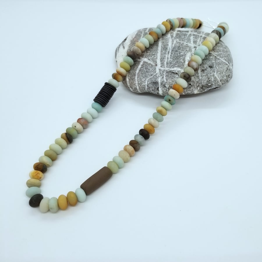 Necklace Amazonite Rondelle Light Green Blue Gemstones & Ceramic Beads 18 inch 