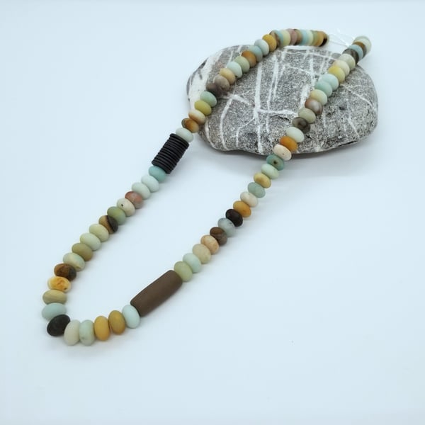 Necklace Amazonite Rondelle Light Green Blue Gemstones & Ceramic Beads 21 inch 